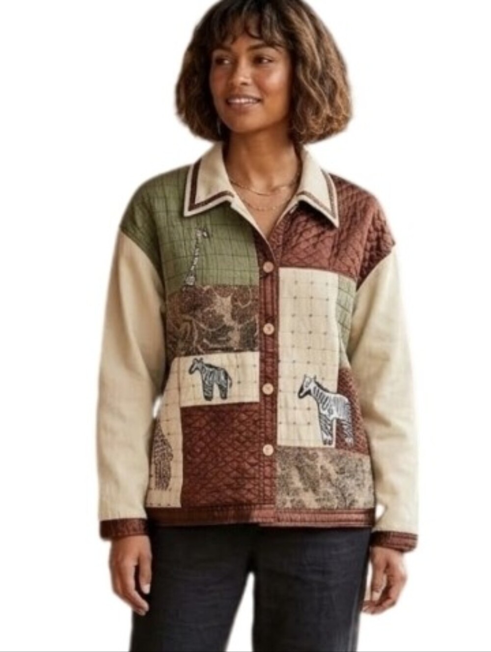 New Direction Jacket 100% Cotton Safari Zebra Patchwork Cream Multi Size XL